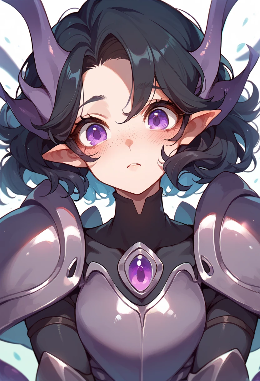 a woman with wavy black hair and purple eyes, black alien armor, freckles, Blush,  eye shadow , cute face