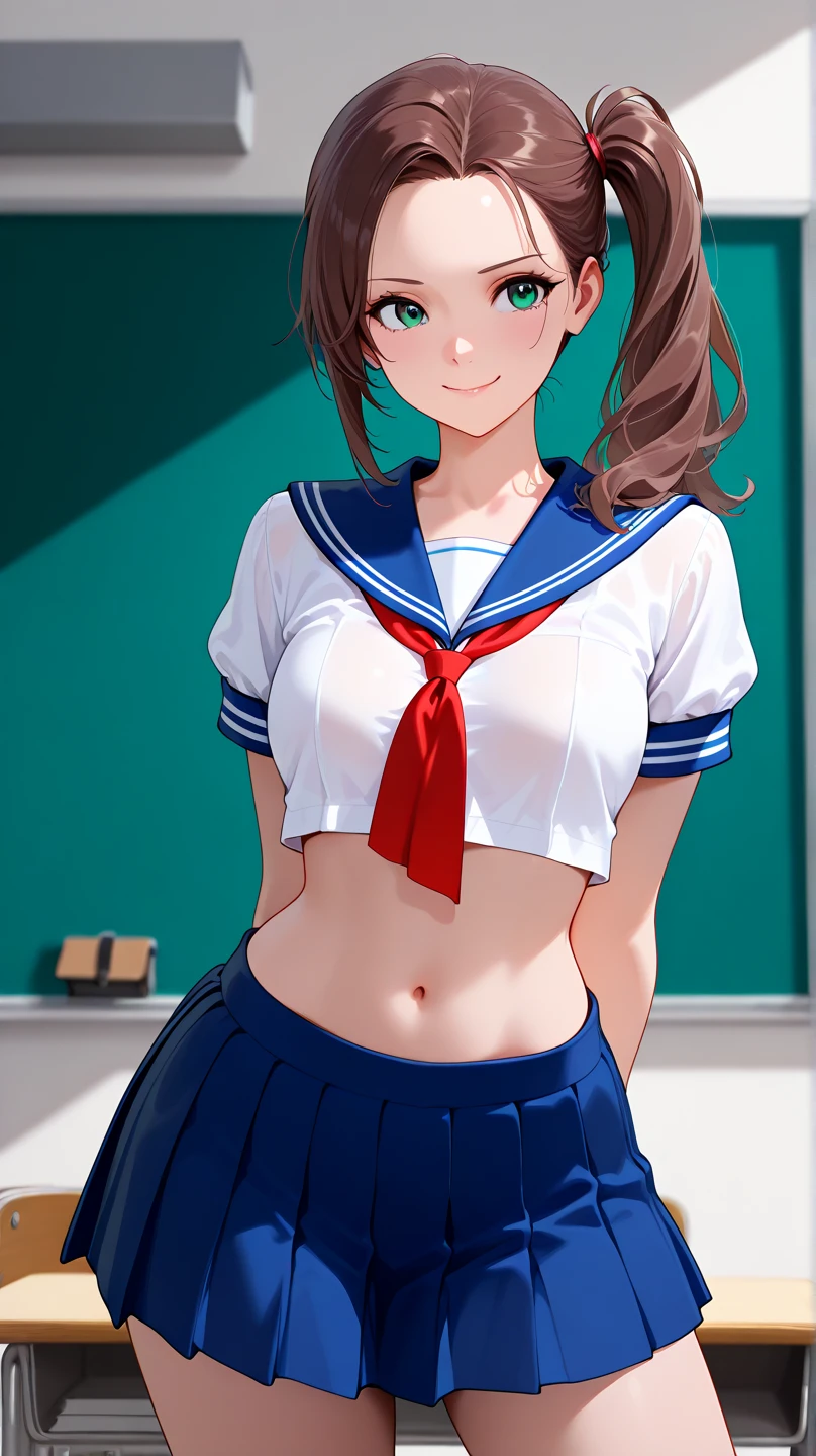 masterpiece, best quality, semi-realistic, 1woman, JK, green eyes, slightly smile, detailed semi-long hair, dark brown silky hair, forehead, sliced back hair, side ponytail, contrapposto, hands behind back, navel, classroom, (sheer crop top white shirt), sailor suit, pleated skirt, red ribbon tie