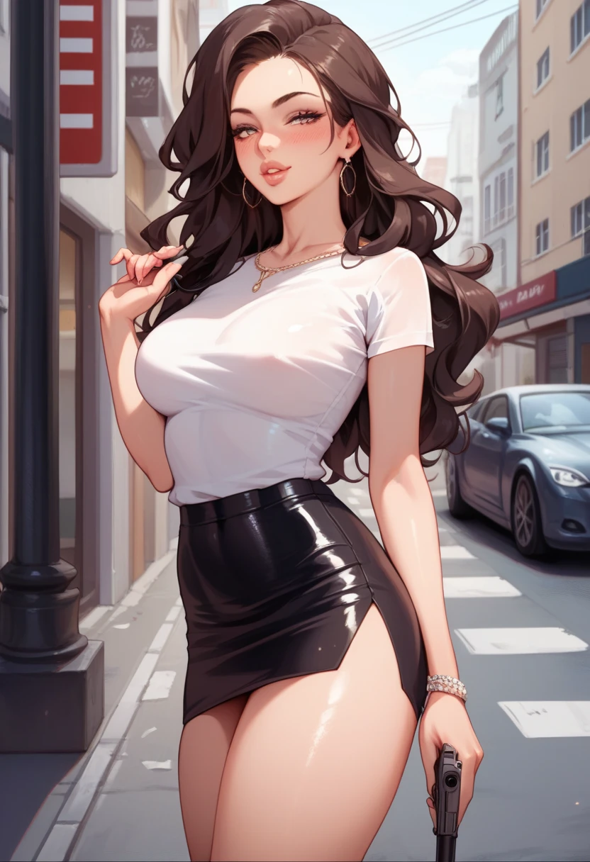  perfect details ,     a sexy woman wearing her long wavy blond hair,     with a seductive and smiling appearance    ,   half-closed eyes   ,soft lips, blushed intensely ,    (provocative pink ,  tight white shirt ,  short black pencil skirt ),  thick thighs, medium chest,    perfect body   ,   shiny lips  , very charming, standing with her legs open, Holds a pistol in one hand ,  in the middle of the street ,  city, buildings,posts, traffic light, movement effects 