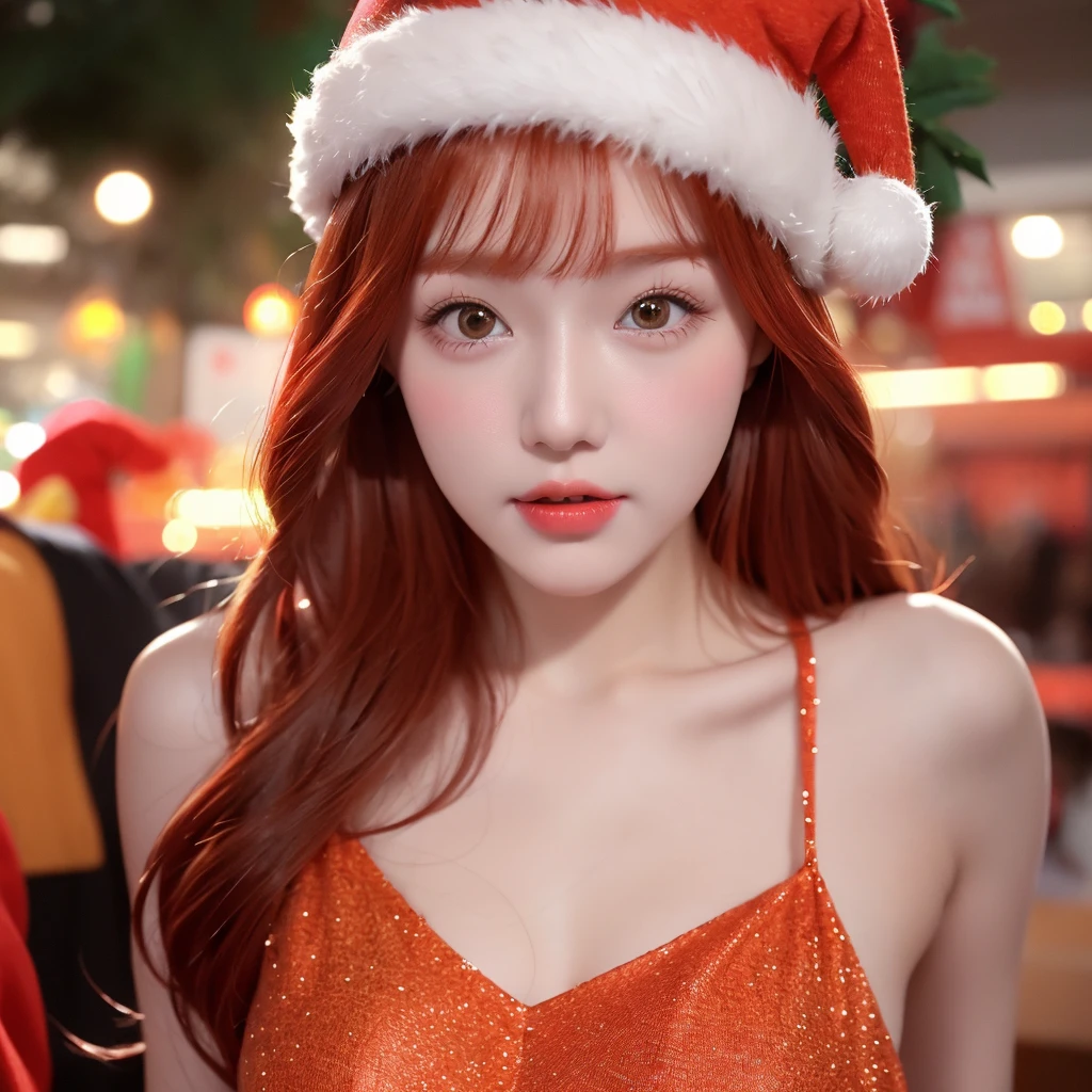  Redhead girl, orange eyes . With a Christmas hat and dress .Open dress at the top, medium chest. She's on New Year's Eve 