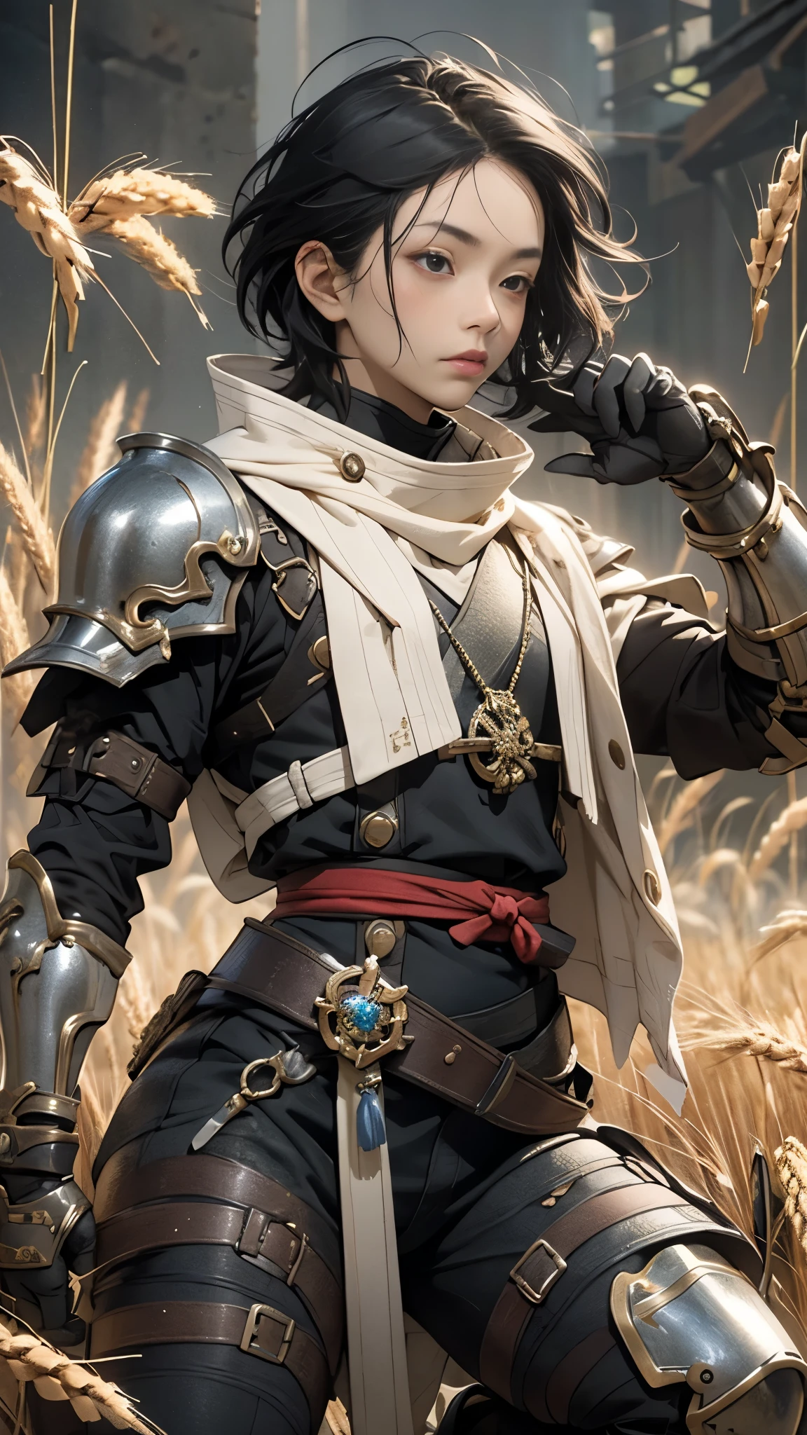  Live Action、 Genuine、(((AS-Adult))), Place one knee on the floor , Handsome Samurai，  Perfect Figure , Modern samurai  , Wear gloves ，，It is made with protective equipment,  upper body、Hold the sword with both hands、Wheat-colored wheat field ， In the case of a high resolution poster  ,  straight hair  , Minimum clothing, armor,  full of tips and rivets  , , (  short dark hair 、hair blowing in the wind、Forehead protector