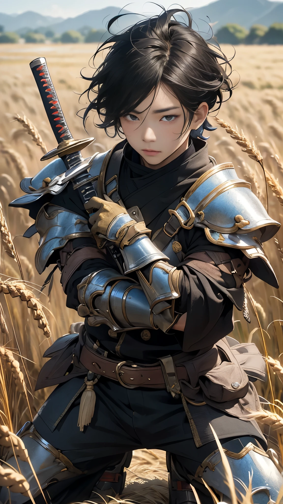Live Action、 Genuine、(((AS-Adult))), Place one knee on the floor , Handsome Samurai, Perfect Figure , Modern samurai , Wear gloves ,, it's made with protective equipment, upper body、Hold the sword with both hands、Wheat-colored wheat field , In the case of a high resolution poster , straight hair , Minimum clothing, armor, full of tips and rivets , , ( short dark hair 、hair blowing in the wind、Forehead protector