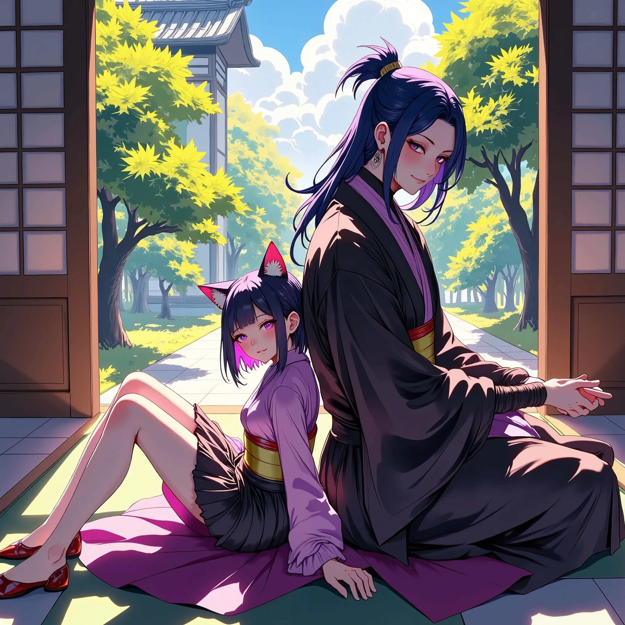 Detailed hand,Hand.Perfect hand、detail eyes、sde01、Cat ear girl in mini-skirt kimono　and an adult man samurai sitting back to back., 、skirt, happily sleeping with legs stretched out.Inside a small, historic mansion with sunlight filtering through the trees、kiri,dramatic portrait