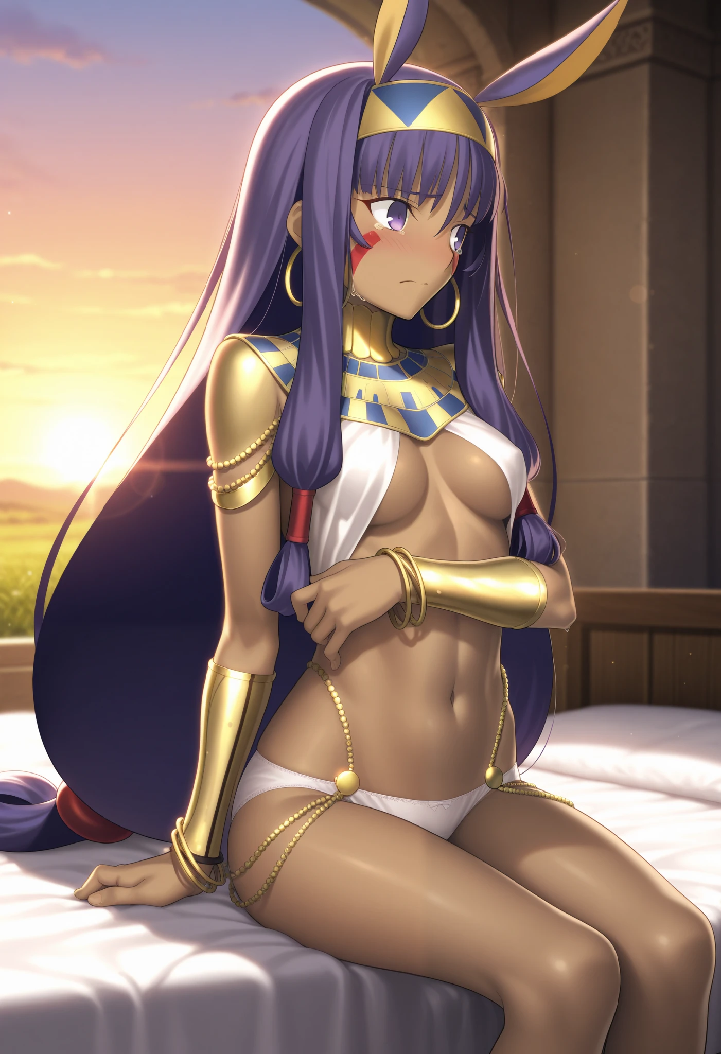 masterpiece, , absurdres, highres, detailed background, high resolution, masterpiece, necessary, detail, best quality, quality, necessary, details, High details, Precise,, indoor ,backlight, sunset,outdoors,lens flare,blurry background,,
                                                                                                                                                                                                                                                                                                                                                                                                                                                  
girl, detailed, Nitocris, nitocris (fate), nitocris,, Takeuchi Takashi (type-moon,fate) style, takeuchi takashi style, ,

sitting on bed, arm under breasts, looking away,

girl, mature, Nitocris, nitocris (fate), nitocris Fate Grand Order, fate, Fate Grand Order, long hair, purple hair, purple eyes, half eyes closed, tan skin, animal ears,  tears,                                                                                                                                                                                                                 bracelet, bracer, earrings, hairband, hoop earrings, jewelry, navel, revealing clothes,, white panties , blush,, small breast, 