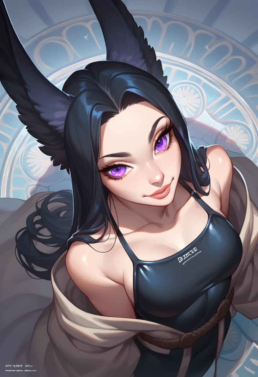 score_9, score_8_above, score_7_above, score_6_above, score_5_above, score_4_above,  detailed background , detailed surroundings,  detailed skin, Portrait of a sexy woman,  long black hair , purple eyes,  square face ,  full lips , Wear a black swimsuit,  discreet smile ,  high definition 