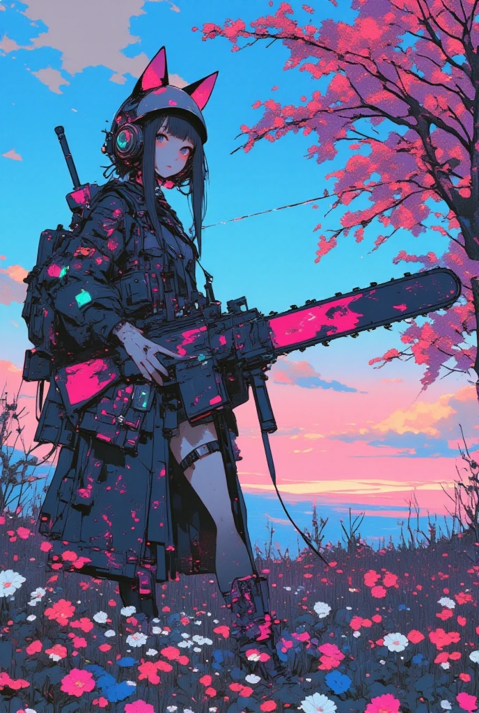   armed girl soldier with a machine-gun in a field of flowers wearing a cat ear helmet , wearing a cat ear helmet , Aurora in the sky 、 Cyberpunk Art by Mike  "Beeple" Shopman   ,   amazing realism  ,   retro punk nature wave defender, masterpiece    Spectacular Retrowave Art  ,    synthwave art style, Spectacular Retrowave Art  ,  Contrast