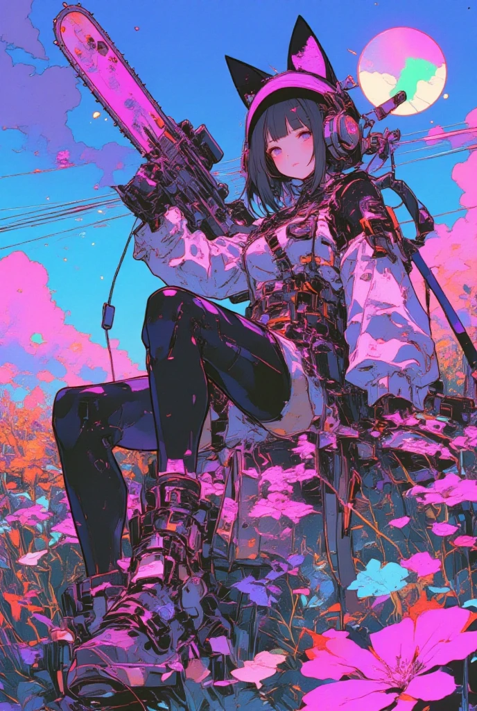   armed girl soldier with a machine-gun in a field of flowers wearing a cat ear helmet , wearing a cat ear helmet , Aurora in the sky 、 Cyberpunk Art by Mike  "Beeple" Shopman   ,   amazing realism  ,   retro punk nature wave defender, masterpiece    Spectacular Retrowave Art  ,    synthwave art style, Spectacular Retrowave Art  ,  Contrast