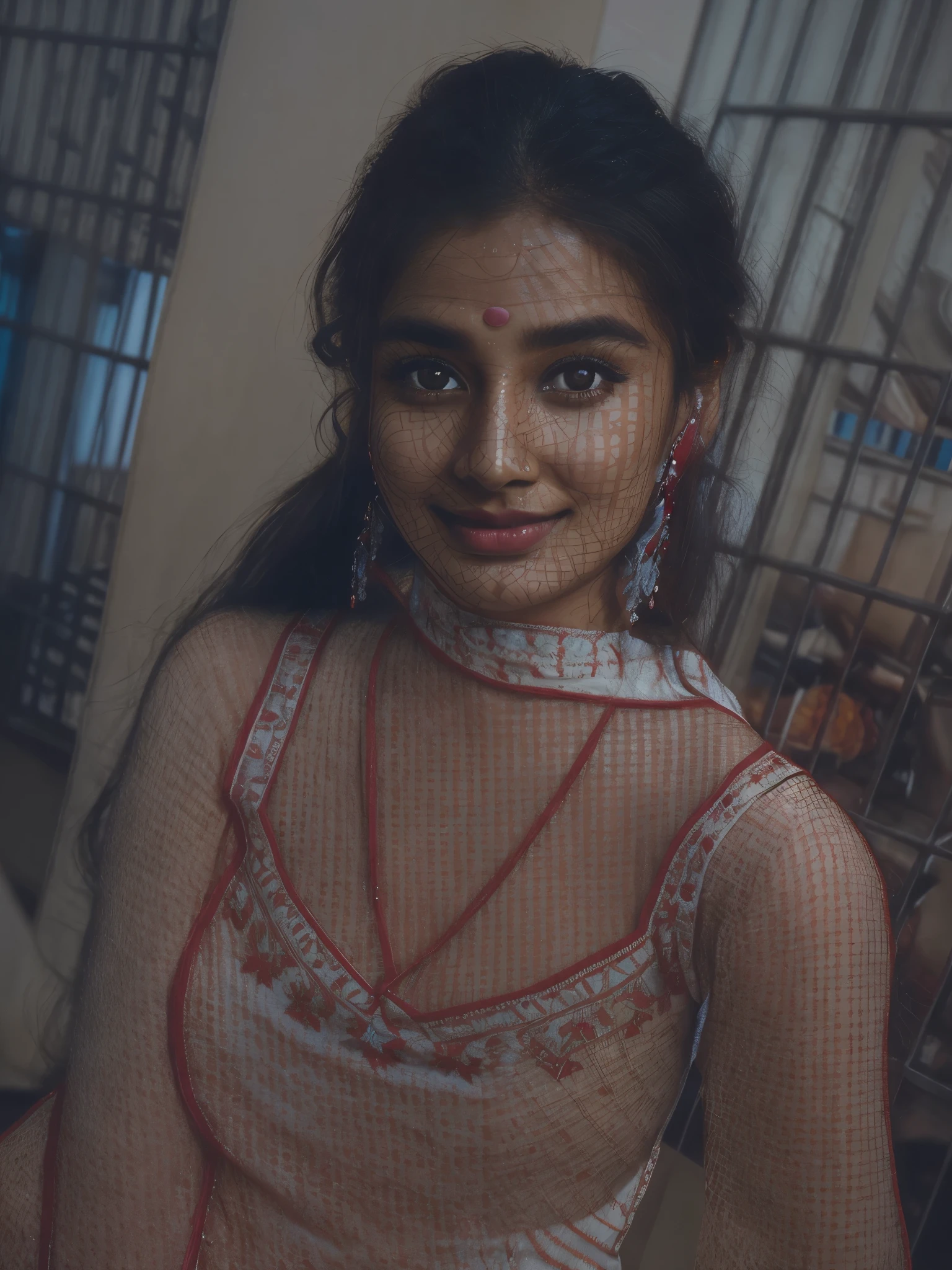 (editorial photograph of a young indian women in closup shoot of vedika), karla ortiz, (highly detailed face:1.4) (smile:0.7) (backround 5 star hotel , moody, private study:1.3) POV, by lee jeffries, nikon d850, film stock photograph ,4 kodak portra 400 ,camera f1.6 lens ,rich colors ,hyper realistic ,lifelike texture, earing white dress with red border, dramatic lighting , cinestill 800, realistic,  seductive big  actress, karla ortiz, posing!!, candid picture, by Max Dauthendey,