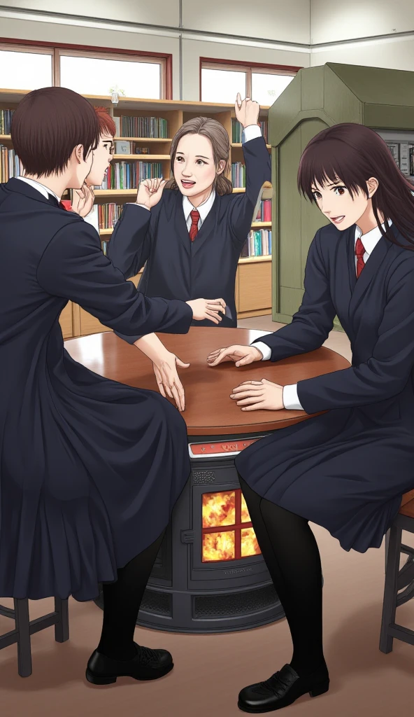 Japanese High School、Inside the library、A male high school student wearing a school uniform４ people surround the stove and have fun discussing（The stove is an oil stove and has a cylindrical shape ） real、Shooting with a single-lens reflex camera、 highest image quality taken by Ki、