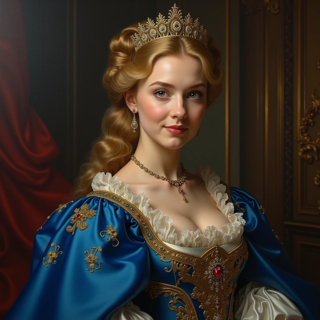 a beautiful young aristocratic woman, medieval european royalty, low neckline dress, rococo dress, half body portrait, elegant smile, luxurious ornate background, warm lighting, photorealistic, highly detailed, digital art