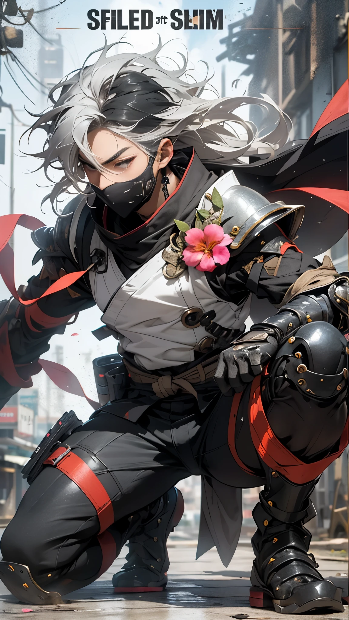  Live Action、 Genuine、(((AS-Adult))), Place one knee on the floor , Handsome Ninja，  Perfect Figure , Modern samurai  , Wear gloves ，， it's made with protective equipment,  upper body、 colorful tropical flowers bloom profusely， In the case of a high resolution poster  ,  straight hair  , Minimum clothing, armor,  full of tips and rivets  ,  (  straight gray hair ， messy hair、hair blowing in the wind、metal frame 