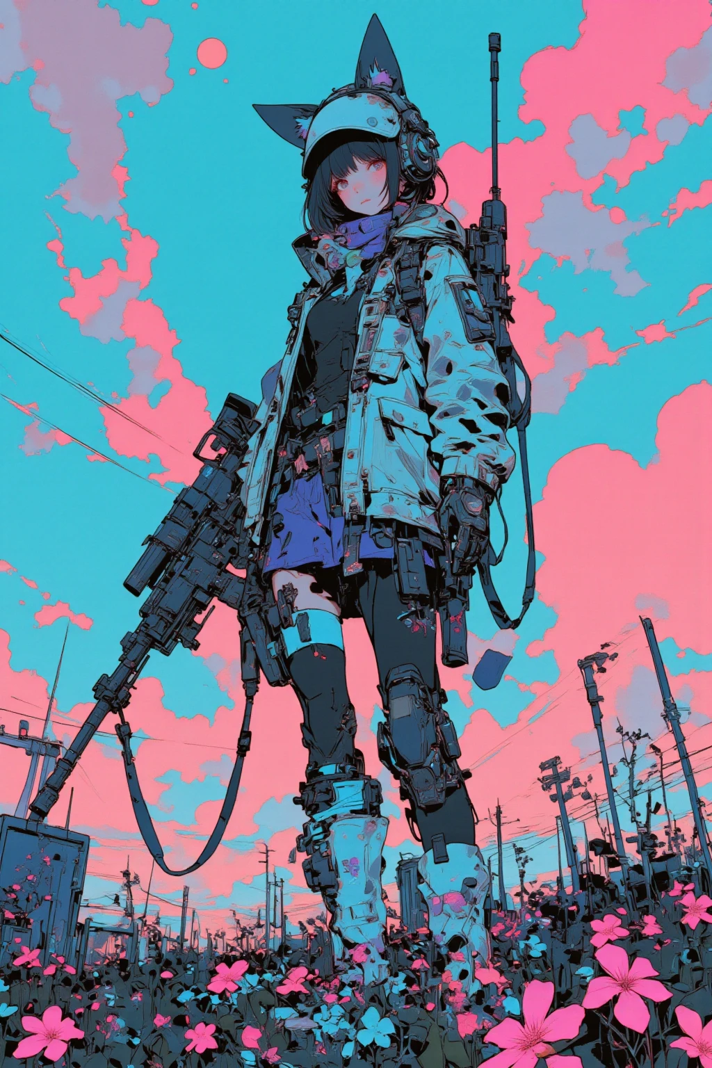   armed girl soldier with a machine-gun in a field of flowers wearing a cat ear helmet , wearing a cat ear helmet , Aurora in the sky 、 Cyberpunk Art by Mike  "Beeple" Shopman   ,   amazing realism  ,   retro punk nature wave defender, masterpiece    Spectacular Retrowave Art  ,    synthwave art style, Spectacular Retrowave Art  ,  Contrast