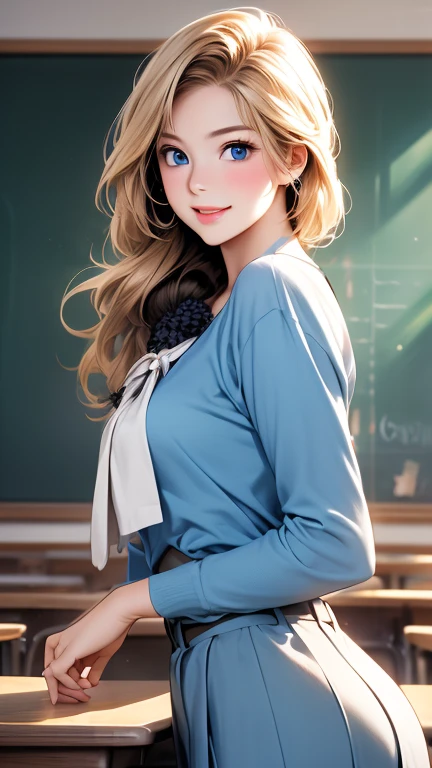    super high res  、  top quality 、masterpiece:1.2、Realistic headshot，  Beautiful woman alone in school building  、２9 、   school teacher   、 blondes、   blue eyes、Navy Suit、   School classroom、    cute pose 、   blackboard   、smile、((  cowboy shot ))、((   female close-up   ))