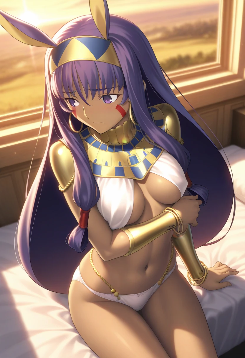 masterpiece, , absurdres, highres, detailed background, high resolution, masterpiece, necessary, detail, best quality, quality, necessary, details, High details, Precise,, indoor, office, ,sunset,outdoors,lens flare,blurry background,, (from above),
                                                                                                                                                                                                                                                                                                                                                                                                                                                  
girl, detailed, Nitocris, nitocris (fate), nitocris,, Takeuchi Takashi (type-moon,fate) style, takeuchi takashi style, ,

sitting on bed, arm under breasts, looking away,

girl, mature, Nitocris, nitocris (fate), nitocris Fate Grand Order, fate, Fate Grand Order, long hair, purple hair, purple eyes, half eyes closed, tan skin, animal ears,                                                                                                                                                                                                                 bracelet, bracer, earrings, hairband, hoop earrings, jewelry, navel, revealing clothes,, white panties , blush,, small breast, 