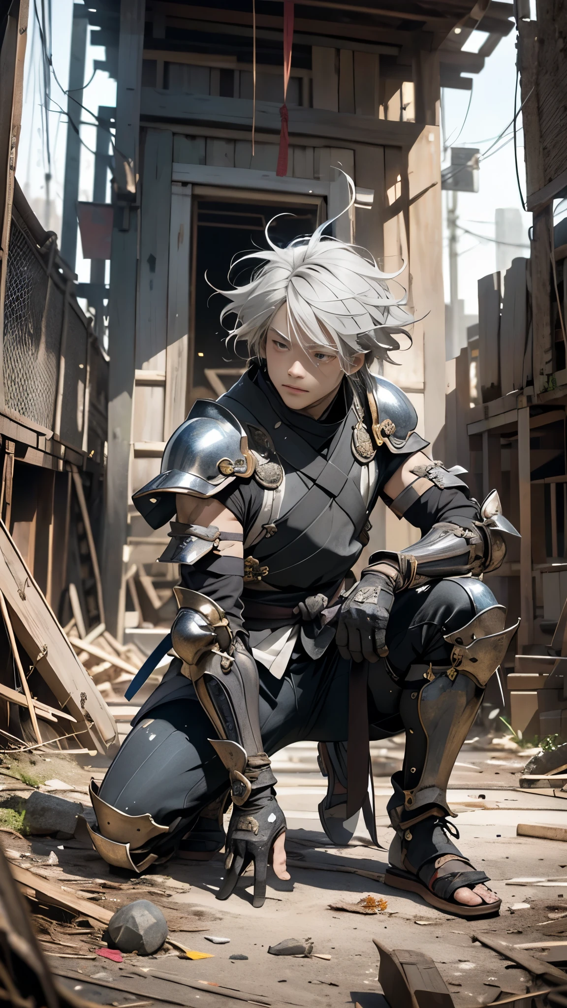 Live Action、 Genuine、(((AS-Adult))), Place one knee on the floor , Handsome Ninja, Perfect Figure , Modern samurai , Wear gloves ,, it's made with protective equipment, upper body、Ruined Temple , In the case of a high resolution poster , straight hair , Minimum clothing, armor, An abandoned temple holding a small sword , ( straight gray hair , messy hair、hair blowing in the wind、metal frame