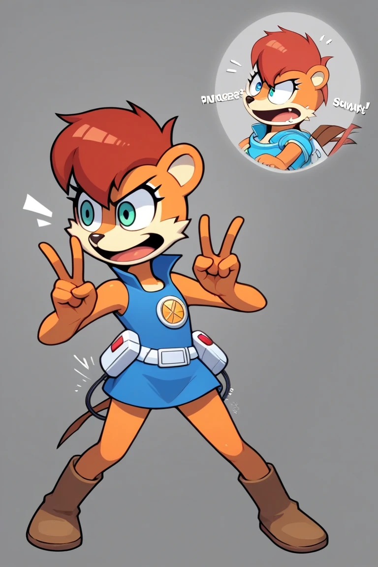 Name: Sally "Eco" Chip
Appearance:

Sally Eco Chip is a slightly off-model version of Sally Acorn. Her fur color is a more saturated, almost neon orange.
Her blue vest is replaced with a vaguely military-style jacket featuring random patches and mismatched buttons.
Instead of her sleek hairstyle, her hair is overly voluminous, with exaggerated anime-like bangs.
Her boots are knee-high and oddly robotic in design, complete with blinking LED lights that serve no purpose.
Design Details:

Her eyes are larger, with an overly shiny gloss (reminiscent of 1980s anime bootlegs).
Her tail is unusually fluffy, almost raccoon-like.
Her logo features generic text like "Super Princess Squirrel Fighter" in a bold, awkward font.
Personality:

Sally Eco Chip is portrayed as overly cheerful and naïve, often spouting nonsensical motivational lines like, "We must fight for great peace harmony!"
She has an inexplicable ability to summon random gadgets that make little sense, such as a "Friendship Laser" or "Mega Acorn Blaster."
Backstory:

In this alternate bootleg lore, she is a "Princess of the Digital Forest," fighting against an evil scientist named Dr. Robo-Fox. Her mission is to protect the "Harmony Acorns" that power her world.
Animation Style:

The animation is choppy and inconsistent, with frequent off-model frames. Her movement is overly fluid in some scenes and stiff in others, giving her an uncanny charm.
The soundtrack is an upbeat yet generic synth tune with random sound effects thrown in.
