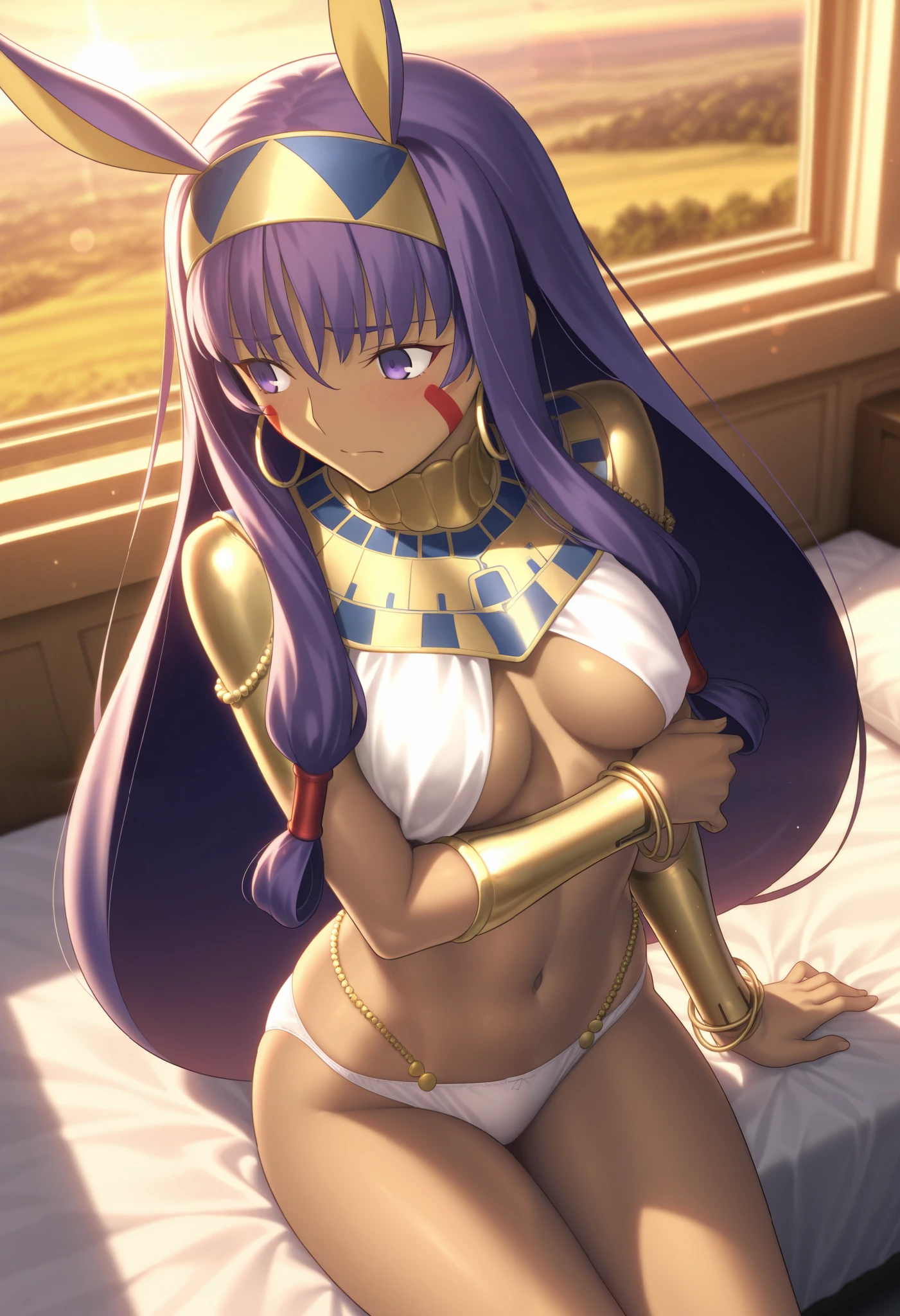 masterpiece, , absurdres, highres, detailed background, high resolution, masterpiece, necessary, detail, best quality, quality, necessary, details, High details, Precise,, indoor, office, ,sunset,outdoors,lens flare,blurry background,, (from above),
                                                                                                                                                                                                                                                                                                                                                                                                                                                  
girl, detailed, Nitocris, nitocris (fate), nitocris,, Takeuchi Takashi (type-moon,fate) style, takeuchi takashi style, ,

sitting on bed, arm under breasts, looking away,

girl, mature, Nitocris, nitocris (fate), nitocris Fate Grand Order, fate, Fate Grand Order, long hair, purple hair, purple eyes, half eyes closed, tan skin, animal ears,                                                                                                                                                                                                                 bracelet, bracer, earrings, hairband, hoop earrings, jewelry, navel, revealing clothes,, white panties , blush,, small breast, 