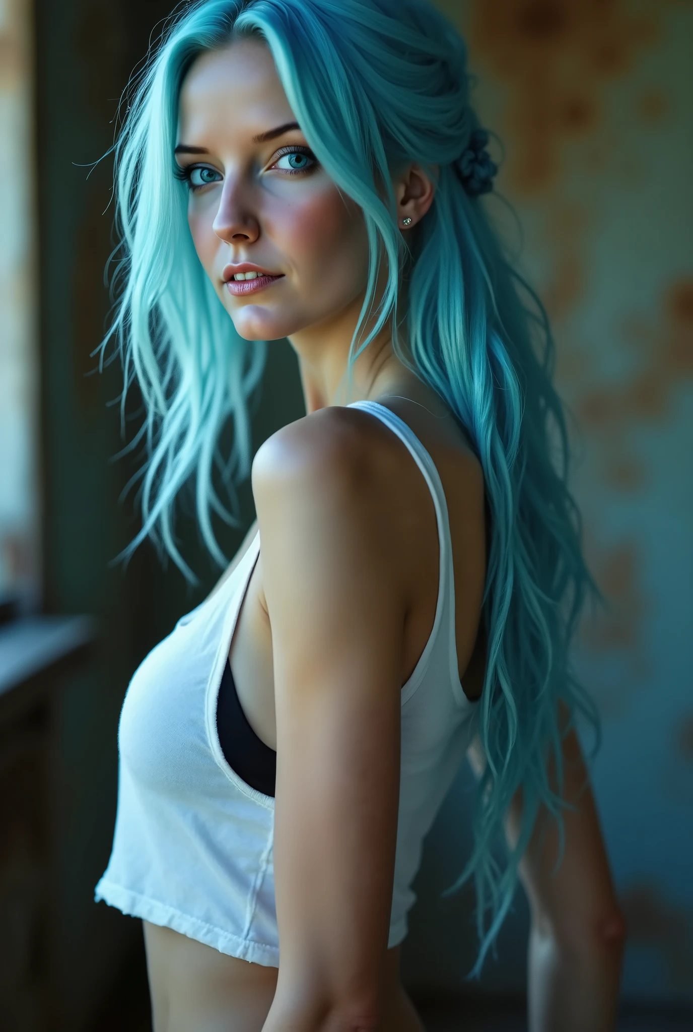 extremely hot woman with platinum light blue hair tied in a braid. She looks seductively right at the camera. She is wearing a very tight t-shirt and a thong thong which accentuates her huge bust size. photographed from the side.  she is slim and works out .( aidmafluxpro1 .1)