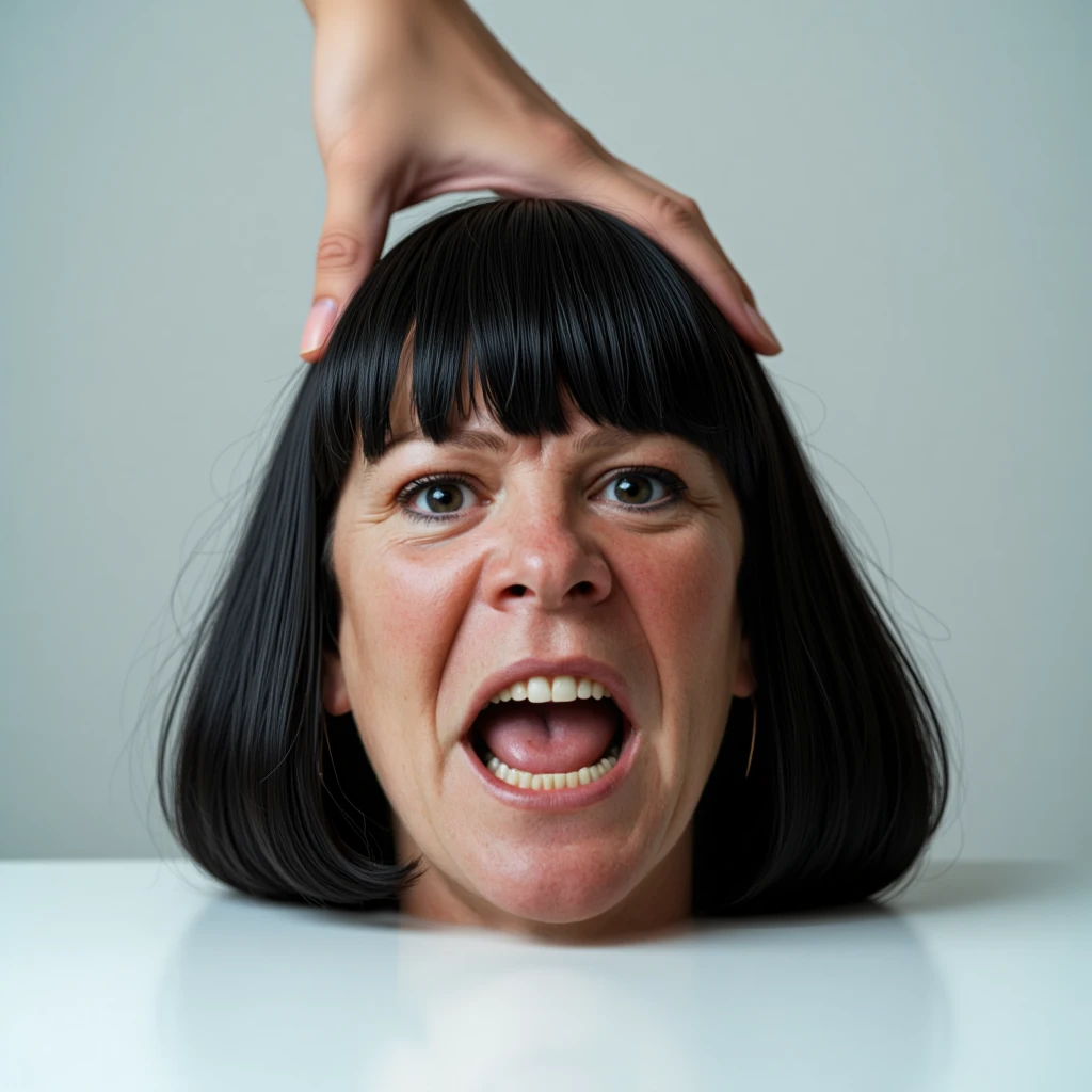 A 60yo mature woman head is lying on a white table, crooked to the side. She has beautiful, straight, thick, smooth, silky, jet black bob hair with heavy bangs. The woman face showing fear, her eyes are wide open, her mouth is wide open, her tongue is sticking out of her mouth. A hand is pressing down her head. Zoom to her head. The background is light.