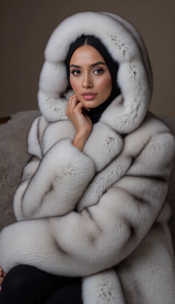 Beautiful indonesian woman, wearin a silver f0x fur coat, sit on the fur couch, wear fur hijab, adorable, gorgeus, 