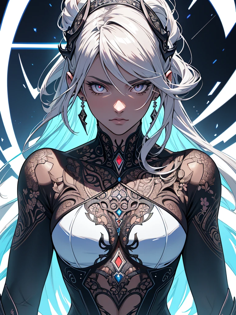 (garota yin-yang), ((( cabelo metade branco metade escuro ))), tatuagens detalhadas, armadura do terror, corpo transparente, splash de cores no fundo, garments