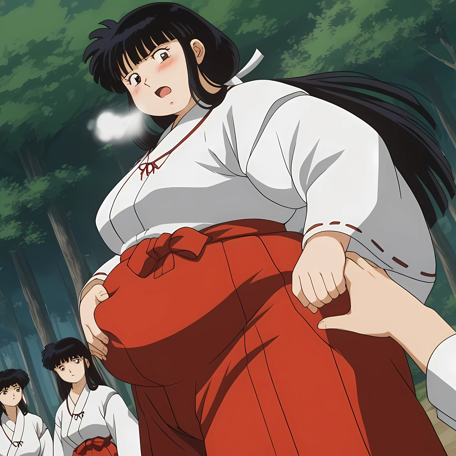 score_9, score_8_up, score_7_up, source_anime, 1girl, solo
inuyashakikyou, kikyou, long hair, black hair, brown eyes, sidelocks, himecut, retro artstyle,
skirt, long sleeves, japanese clothes, hakama, hakama skirt, miko, red hakama,
outdoors, forest, nature,
looking at viewer, cowboy shot, dutch angle, dynamic pose, bulging belly, fat, chubby, obese, open mouth, out of breath, absurdres, highres icon, rating:General, confused, blush, {flustered}, nervous sweating, portrait, pov hands, hand on another's belly, averting eyes, [looking away], straight-on, from side, swollen face, masterpiece, best quality, ultra-detailed, high resolution, 8K, 