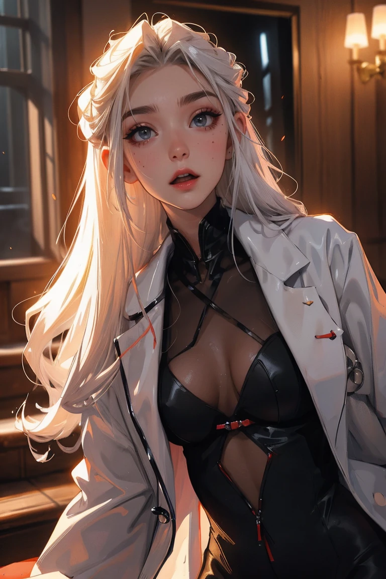 （lifelike， high - resolution：1.3）， 1 girl with a perfect body，slender body, Super fine face and eyes，assasin, dark makeup, shiny skin，white hair,((torn and ripped jungle clothes underneath lab coat)， Expose cleavage, extravagant makeup, pink eyeshadow, dark makeup shocked expression,  pointing gun, action pose, extravagant makeup, leopard print, lab coat, savage lands, feral lands
