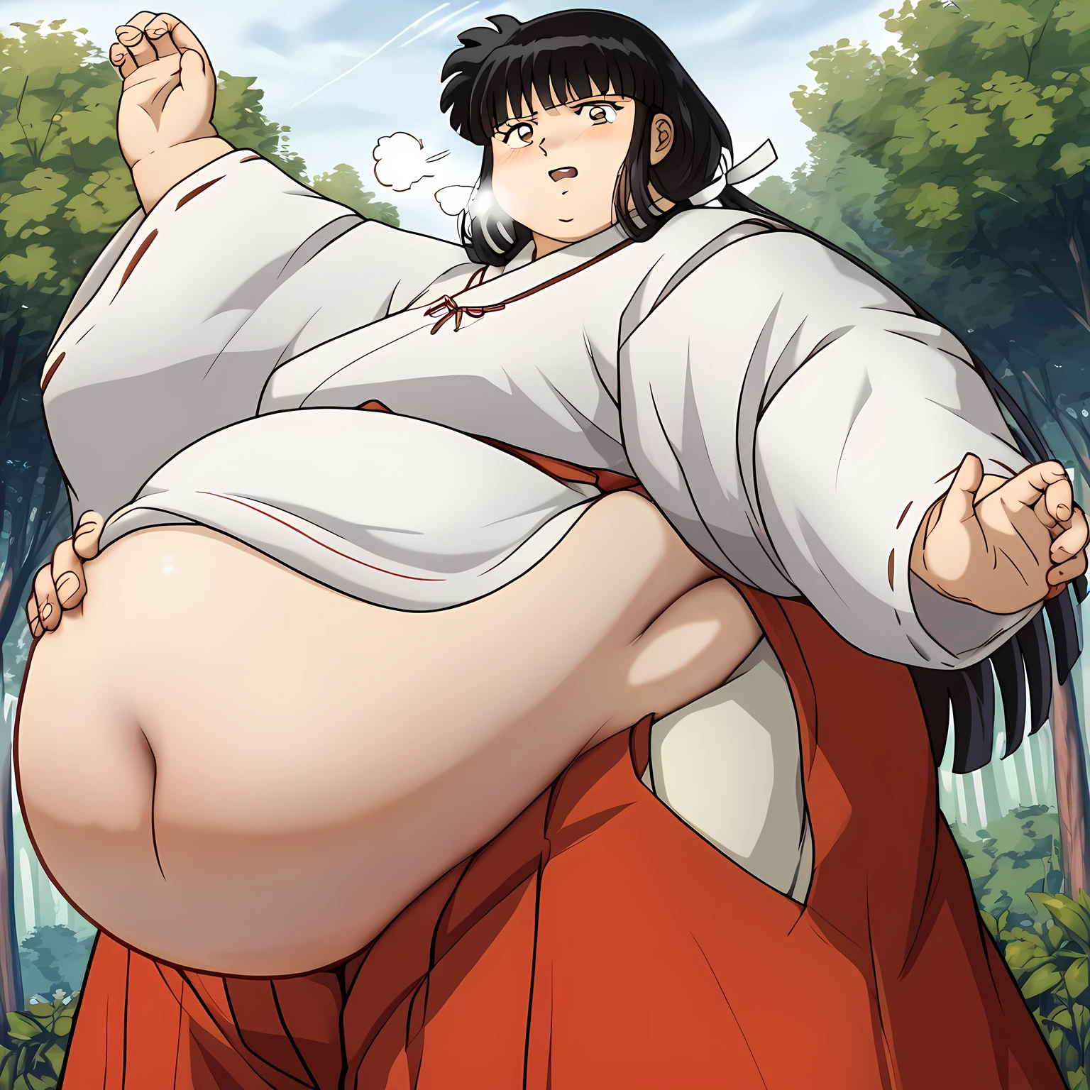 score_9, score_8_up, score_7_up, source_anime, 1girl, solo
inuyashakikyou, kikyou, long hair, black hair, brown eyes, sidelocks, himecut, retro artstyle,
skirt, long sleeves, japanese clothes, hakama, hakama skirt, miko, red hakama,
outdoors, forest, nature,
looking at viewer, cowboy shot, dutch angle, dynamic pose, bulging belly, fat, chubby, obese, open mouth, out of breath, absurdres, highres icon, rating:General, confused, blush, {flustered}, nervous sweating, portrait, pov hands, hand on another's belly, averting eyes, [looking away], straight-on, from side, swollen face, masterpiece, best quality, ultra-detailed, high resolution, 8K, 