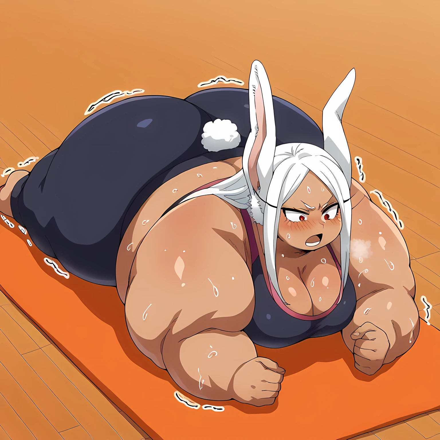 score_9, score_8_up, score_7_up, source_anime, rumi usagiyama, long hair, animal ears, white hair, dark skin, rabbit ears, dark-skinned female, rabbit girl, red eyes, parted bangs, large breasts, planking, exercising, yoga mat, yoga, yoga pants, trembling, struggling, sweat, sports bra,, blush, :o, cleavage, ass, fat, chubby, obese, gigantic arms and legs, large breasts open mouth, out of breath