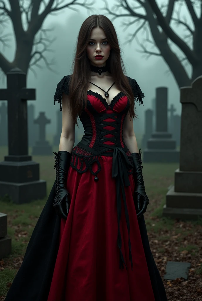 Beautiful 20 year old woman, large tits, with short messy wavy pink hair, wearing a red corset with black accents and black cloak with gothic qualities, standing in a foggy cemetery at night, (red lipstick:1.5), realistic skin texture, (cross necklace:1.2), (looking at camera:1.3), (Gothic Art:1.4), photo realistic, 8k