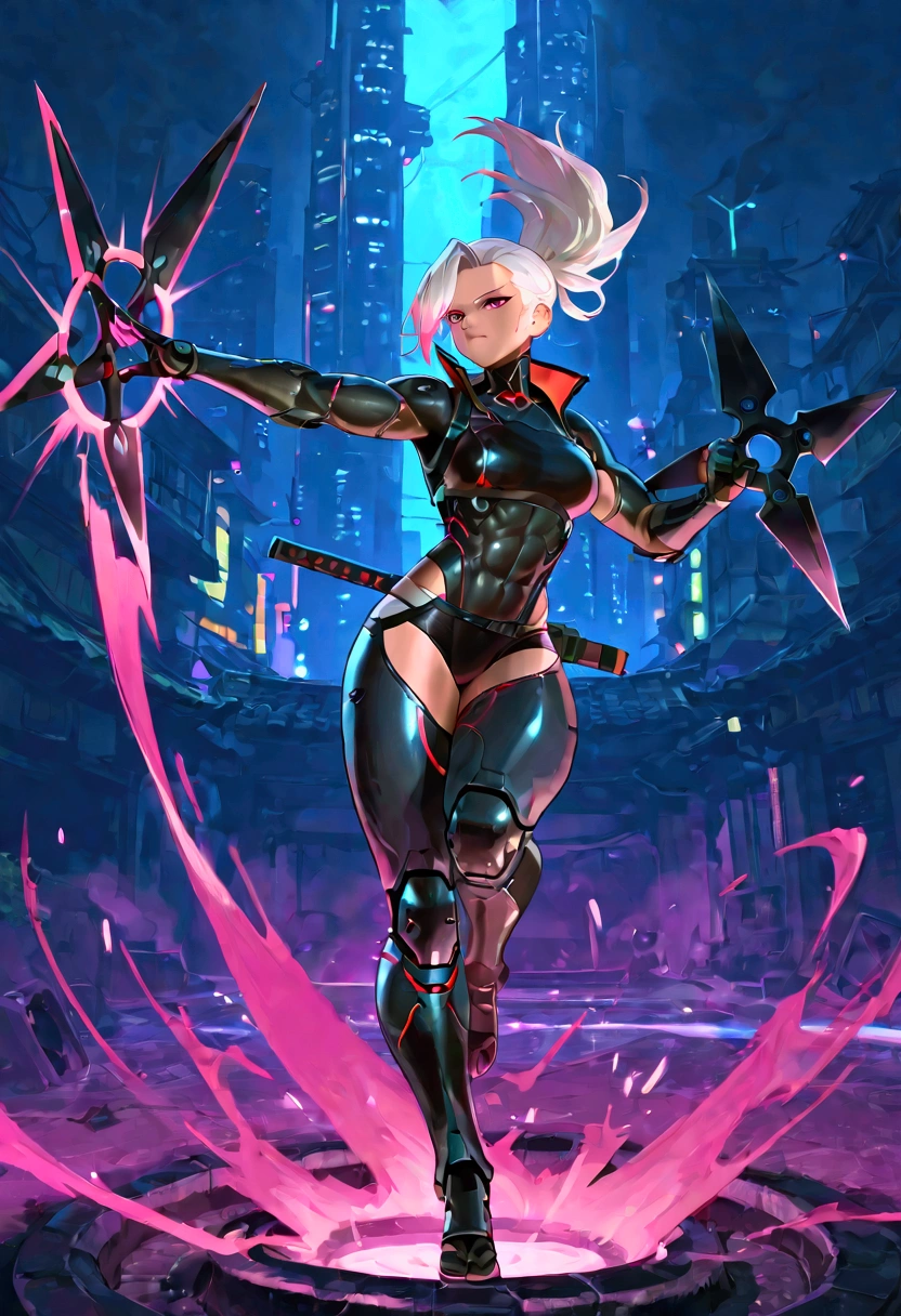 Female cyborg ninja, wearing cyberpunk ninja clothes, sexy, well-toned abs, throwing shuriken, cyberpunk, fighting