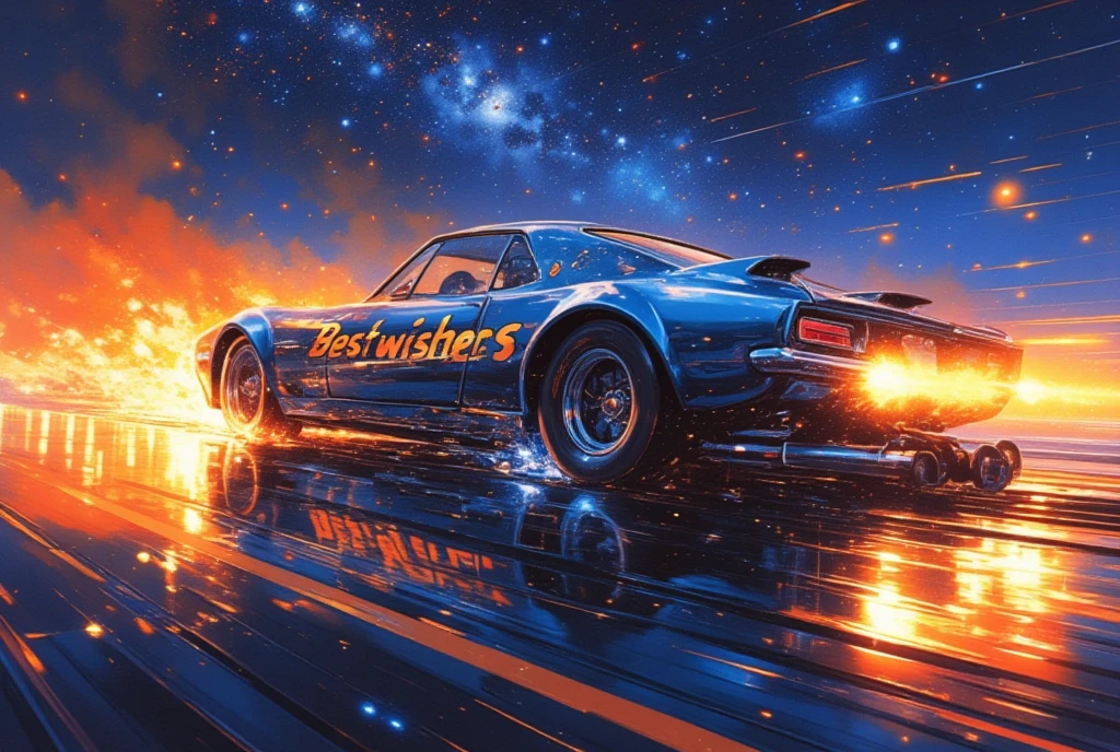 The words "Best wishes" are written on the side of the car, drag racing, chrome-plated smooth-looking machines, nitro-powered jet engines, explosive flames, background galaxy-space, ultra detailed, absolutely resolution, masterpiece