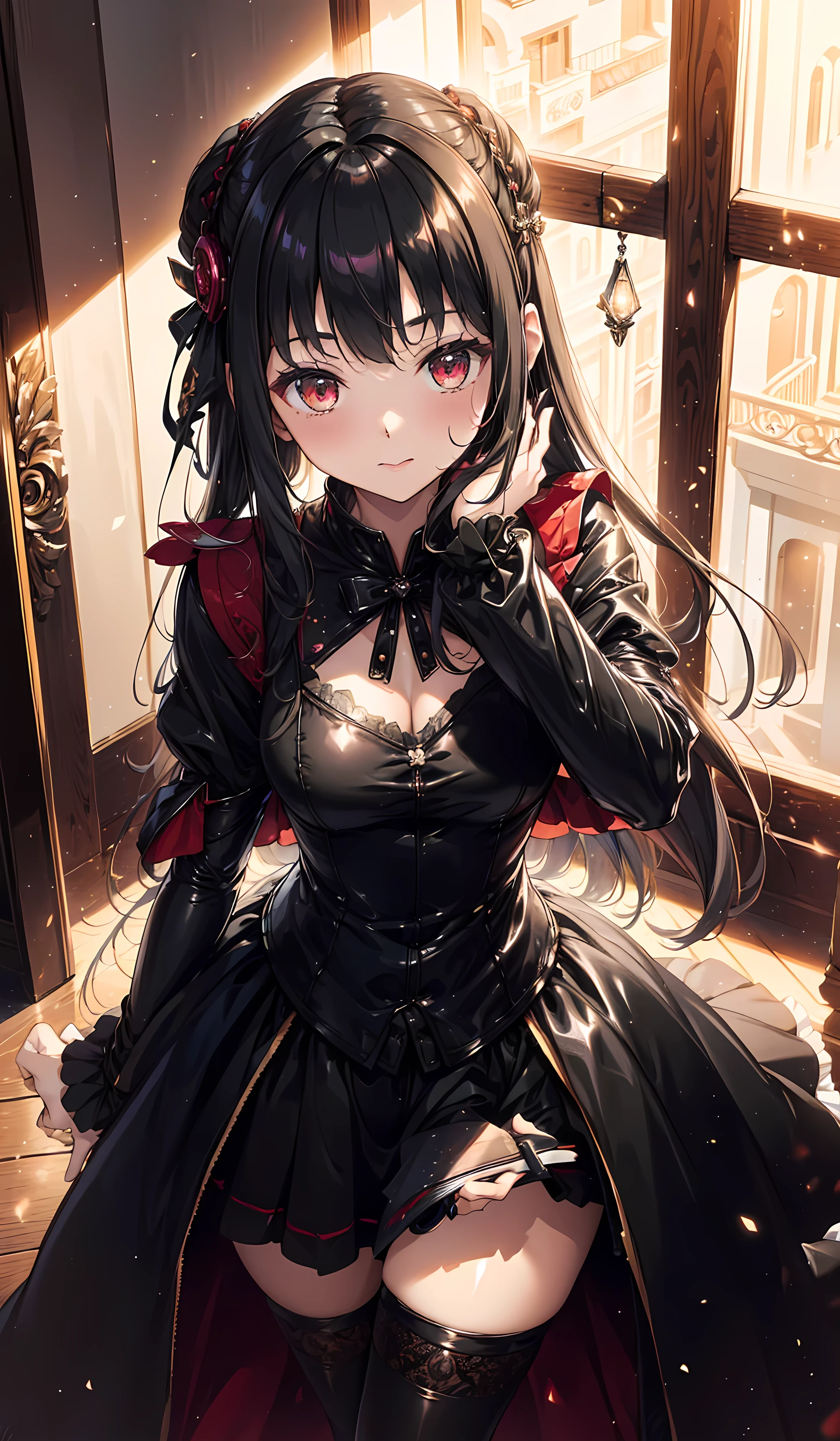 (( original photo),Absurd,(Absurd分辨率)),masterpiece, Best Quality ,( extremely detailed 8k unity CG wallpaper ),(best illustration),(best shadow),Real light , beautiful and detailed brilliance ,((21 years old)),girl,Long black hair,The Black Queen ,Accessories,Holding an apple,Poison Apple,Witch Queen, red lipstick,(((Her photography perspective))), Leather Coat with ta,Dress Outer Skirt