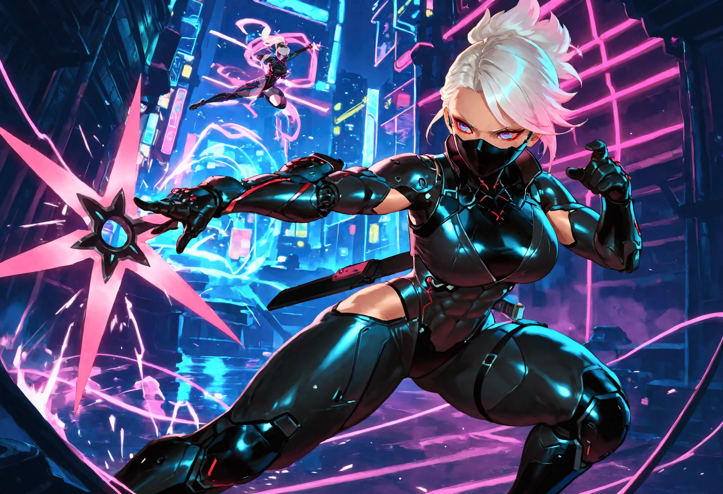 Female cyborg ninja, wearing cyberpunk ninja clothes, sexy, well-toned abs, throwing shuriken, cyberpunk, fighting