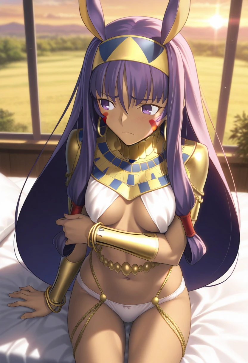 masterpiece, , absurdres, highres, detailed background, high resolution, masterpiece, necessary, detail, best quality, quality, necessary, details, High details, Precise,, indoor, office, ,sunset,outdoors,lens flare,blurry background,, (from above),
                                                                                                                                                                                                                                                                                                                                                                                                                                                  
girl, detailed, Nitocris, nitocris (fate), nitocris,, Takeuchi Takashi (type-moon,fate) style, takeuchi takashi style, ,

sitting on bed, arm under breasts, looking away, furrowed brow, frown,

girl, mature, Nitocris, nitocris (fate), nitocris Fate Grand Order, fate, Fate Grand Order, long hair, purple hair, purple eyes, half eyes closed, tan skin, animal ears,                                                                                                                                                                                                                 bracelet, bracer, earrings, hairband, hoop earrings, jewelry, navel, revealing clothes,, white panties , blush,, small breast, 