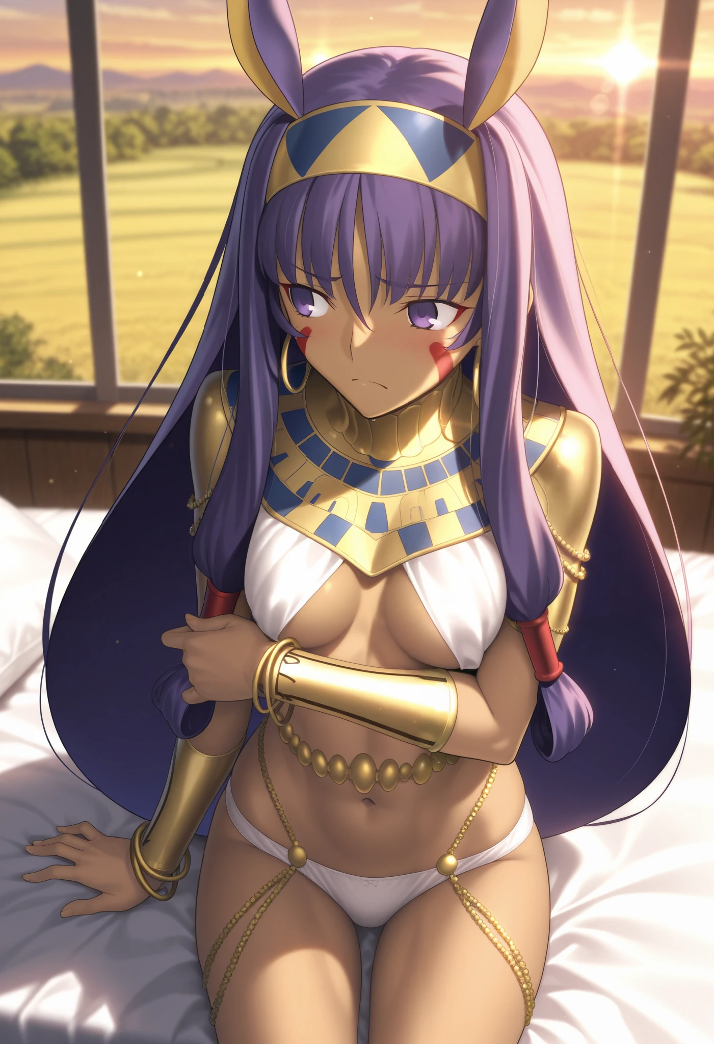 masterpiece, , absurdres, highres, detailed background, high resolution, masterpiece, necessary, detail, best quality, quality, necessary, details, High details, Precise,, indoor, office, ,sunset,outdoors,lens flare,blurry background,, (from above),
                                                                                                                                                                                                                                                                                                                                                                                                                                                  
girl, detailed, Nitocris, nitocris (fate), nitocris,, Takeuchi Takashi (type-moon,fate) style, takeuchi takashi style, ,

sitting on bed, arm under breasts, looking away, furrowed brow, frown,

girl, mature, Nitocris, nitocris (fate), nitocris Fate Grand Order, fate, Fate Grand Order, long hair, purple hair, purple eyes, half eyes closed, tan skin, animal ears,                                                                                                                                                                                                                 bracelet, bracer, earrings, hairband, hoop earrings, jewelry, navel, revealing clothes,, white panties , blush,, small breast, 