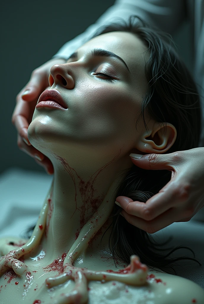 A life-sized demon hand slowly descending toward a female navel on a slim naked sweaty female body on a bed. The hand should be highly detailed and realistic, with its demon scales and delicate body clearly visible. The female navel should be in focus, with sharp details such as the navel and the texture of the stomach. The scene should convey a sense of closeness and tension, capturing the moment as the demon hand approaches the navel. She is naked, sweaty. busty boobs, slim waist. Zoomed out shot. Full body view, sweaty body, pubic hair, highly realistic, high details, high details