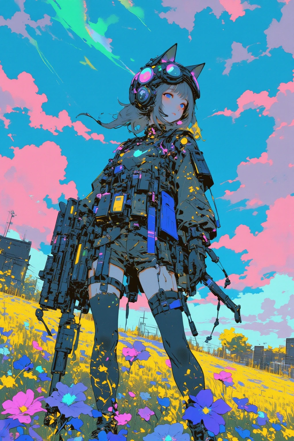   armed girl soldier with a machine-gun in a field of flowers wearing a cat ear helmet , wearing a cat ear helmet , Aurora in the sky 、 Cyberpunk Art by Mike  "Beeple" Shopman   ,   amazing realism  ,   retro punk nature wave defender, masterpiece    Spectacular Retrowave Art  ,    synthwave art style, Spectacular Retrowave Art  ,  Contrast,カウボーイショット, 