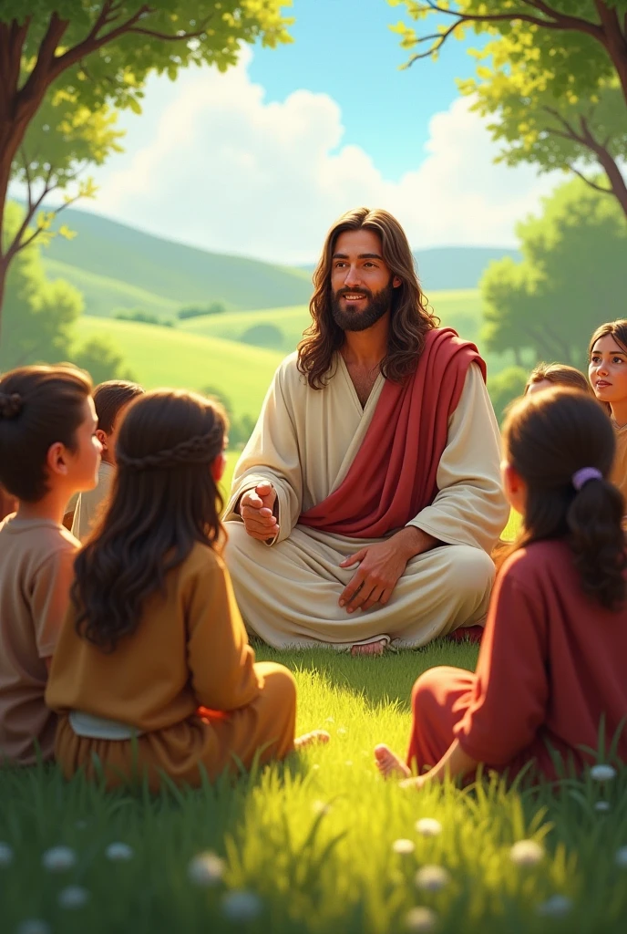 Generate an image of Mary one morning watching from afar the  Jesus sitting in the shade of an olive tree, his eyes shone with a wisdom far beyond his years. He was surrounded by several children, listening carefully to their stories and laughter, Maria must be away from them watching