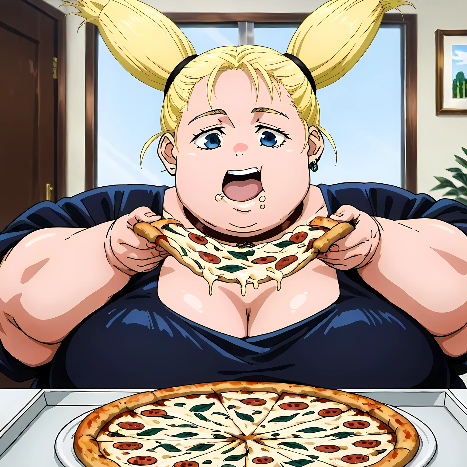 masterpiece, best quality, absurdres, highres, detailed background, nishimiya momo, 1girl, blonde hair, twintails, choker, black dress, earrings,loose clothes, face focus, open mouth, eating, pizza, fat, chubby, obese, gigantic arms and legs, large breasts open mouth, out of breath