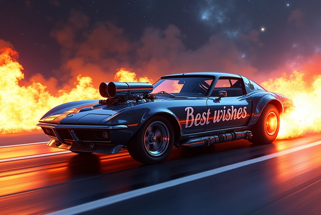 The words "Best wishes" are written on the side of the car, drag racing, chrome-plated smooth-looking machines, nitro-powered jet engines, explosive flames, background galaxy-space, ultra detailed, absolutely resolution, masterpiece