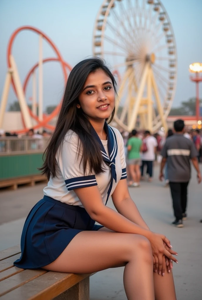 priya mohan, 1 girl 20 years old pretty, Beautiful, Amazing face and eyetremely detailed beautiful face), (sexiest look), (Beautiful big breasts:1.2), (School uniform, pleated miniskirt:1.2), (Best Quality:1.4), (Ultra-detailed), (extremely detailed CG unified 8k wallpaper), Highly detailed, RAW Photos, Professional Photography, (Crowded amusement park:1.3), benches, (roller coaster, ferris wheel), Sitting, (Spread your legs wide open), Scenery like a scene from a movie,