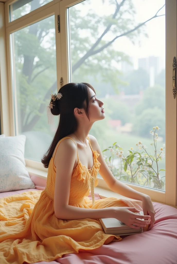 (photorealism:1.2), beautiful asian girl sitting in bed, wearing barbie frock,having book in one hand ,looking outside the window ,window is decorated with flowers