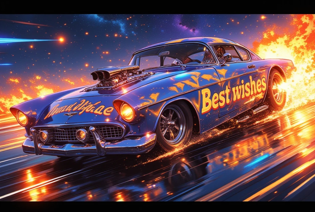 The words "Best wishes" are written on the side of the car, drag racing, chrome-plated smooth-looking machines, nitro-powered jet engines, explosive flames, background galaxy-space, ultra detailed, absolutely resolution, masterpiece