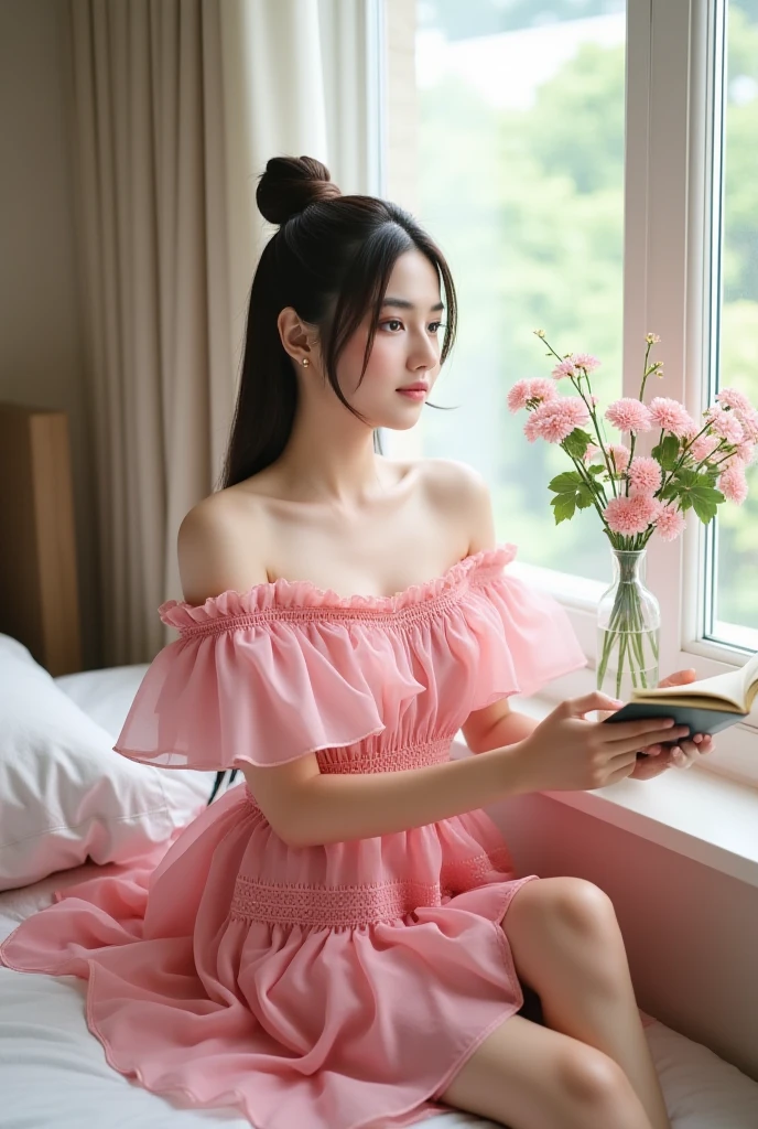 (photorealism:1.2), beautiful asian girl sitting in bed, wearing barbie frock,having book in one hand ,looking outside the window ,window is decorated with flowers