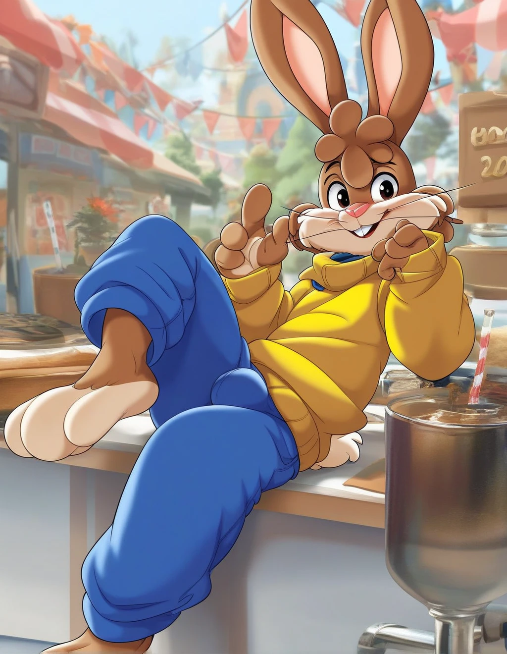 zPDXL3,quicky,4 fingers,brown fur, blue pants, yellow winter sweater, French style, sitting down at a table in a cafe, young 25 year old adult, 6 feet tall, cute version of quicky, cute rabbit hair, furry, rabbit, male, femboy, slim,solo,looking_at_viewer,