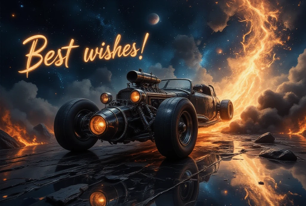 The words "Best wishes" are written on the side of the car, drag racing, chrome-plated smooth-looking machines, nitro-powered jet engines, explosive flames, background galaxy-space, ultra detailed, absolutely resolution, masterpiece