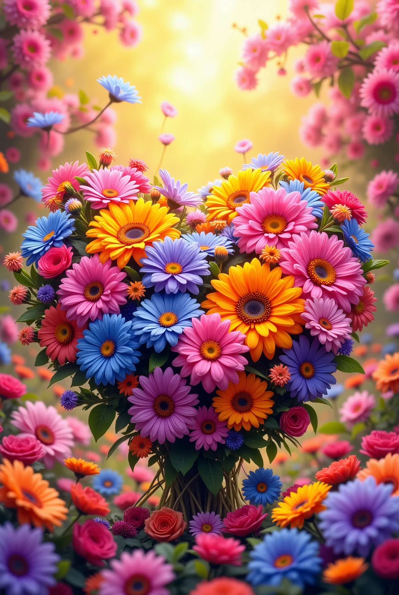 Beautiful bouquet of flowers,  Flowers of different colors ,  Each flower is unique , bright color, juicy color,  oil painting,  Lined a Heart of Flowers for the Beloved Girl , The only , Beautiful,  the background is gentle and beautiful with pink 
bluish flowers overflowing with warm yellow light, 8 k,  complex parts,  maximum quality,  better quality ,  masterpiece fails, fantasy,