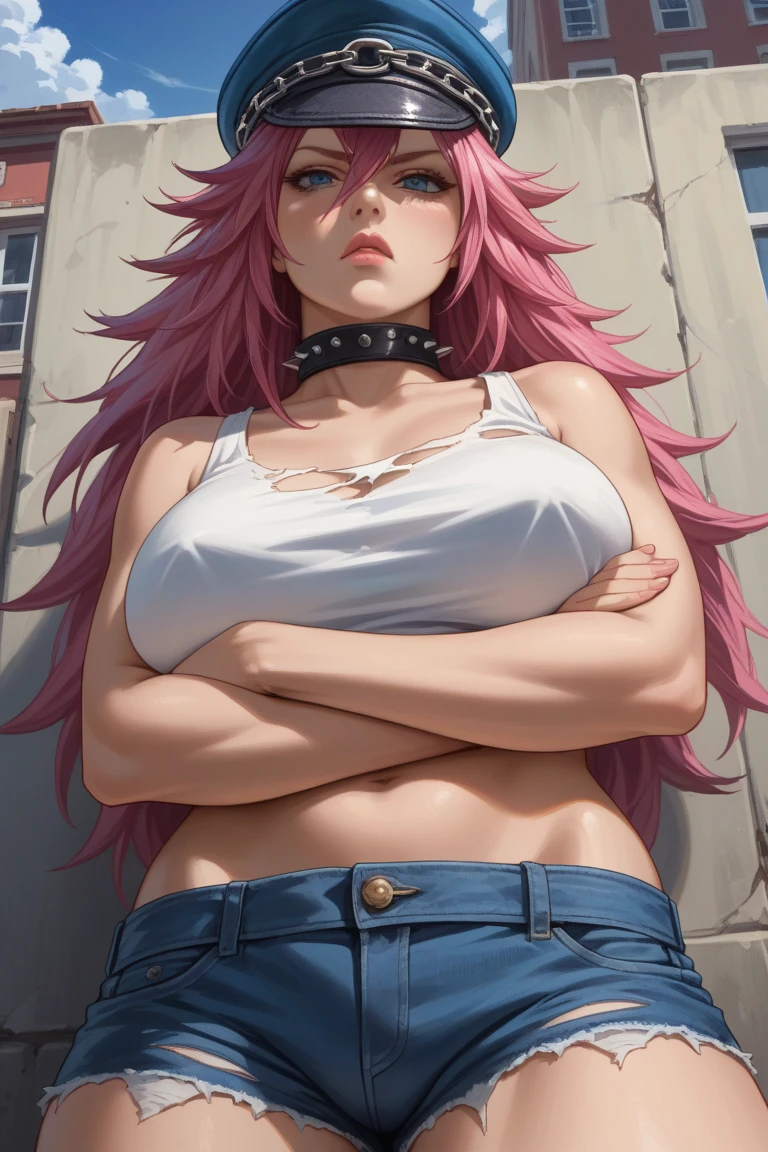 1girl, solo, cowboy shot, looking at viewer, close-up, facing viewer, 
poisonff, pink hair, blue eyes, spiked hair, peaked cap, choker, collar, tank top, short shorts, denim shorts, torn clothes, androgynous,
huge breasts, bored, lips, puckered lips, annoyed, crossed arms, from below, outdoors, street, blue sky, cloud, against wall, leaning back,