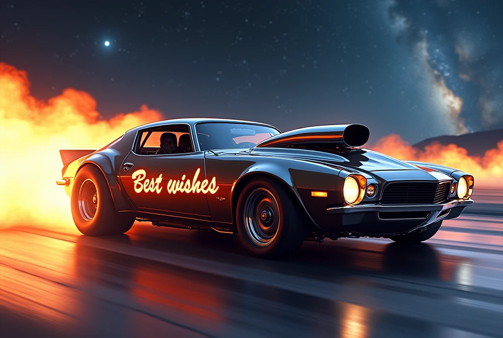 The words "Best wishes" are written on the side of the car, drag racing, chrome-plated smooth-looking machines, nitro-powered jet engines, explosive flames, background galaxy-space, ultra detailed, absolutely resolution, masterpiece